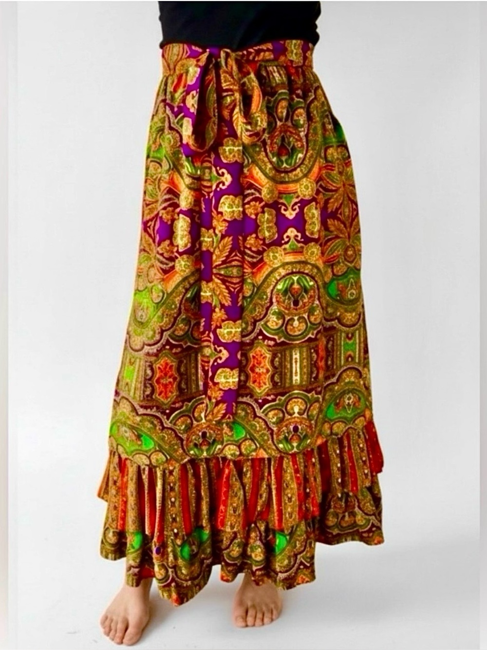 Vintage 70s Paisley Tiered Maxi Skirt w/Bow Belt | Electric Red, Purple & More